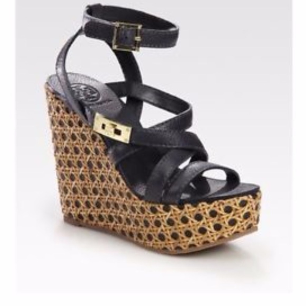 🥐 Tory Burch Dalcin Wicker Platform BOHO Leather Strappy Wedge Espadrilles - Picture 1 of 14